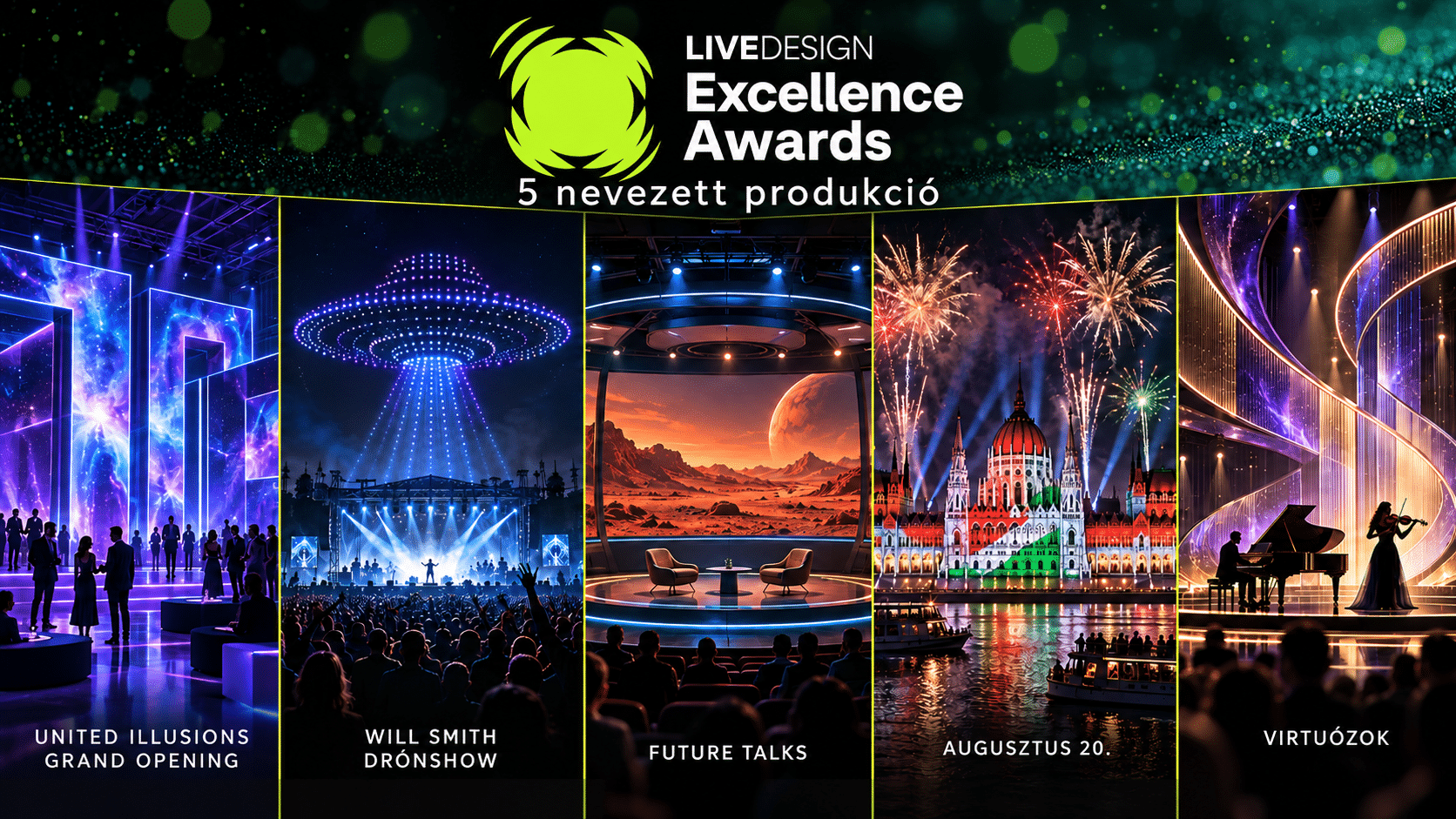Visual Europe Group öt nevezett produkcióját bemutató illusztráció az Excellence in Live Design Awards versenyéhez.